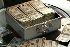 Home 9 Open briefcase filled with stacks of hundred dollar bills on a glass table, representing wealth.